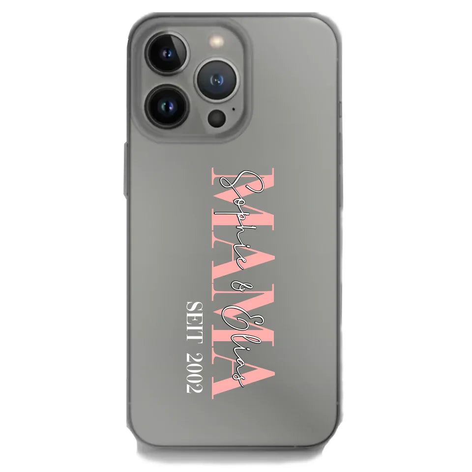 Personalisierte iPhone Handyhülle für Mama mit den Namen ihrer Kinder – Einzigartiges Muttertagsgeschenk.