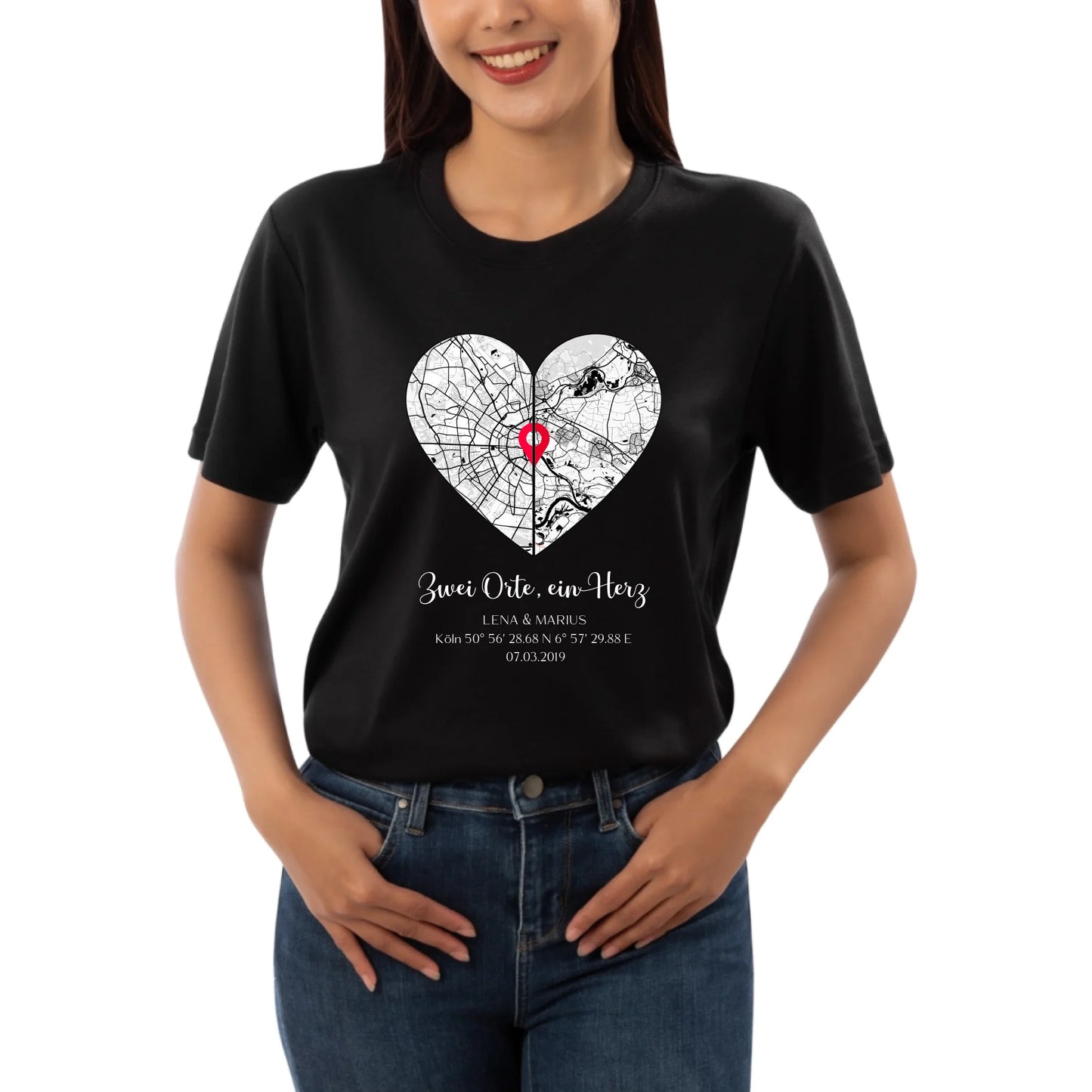 Zwei Orte, ein Herz - Personalisierbares T-Shirt