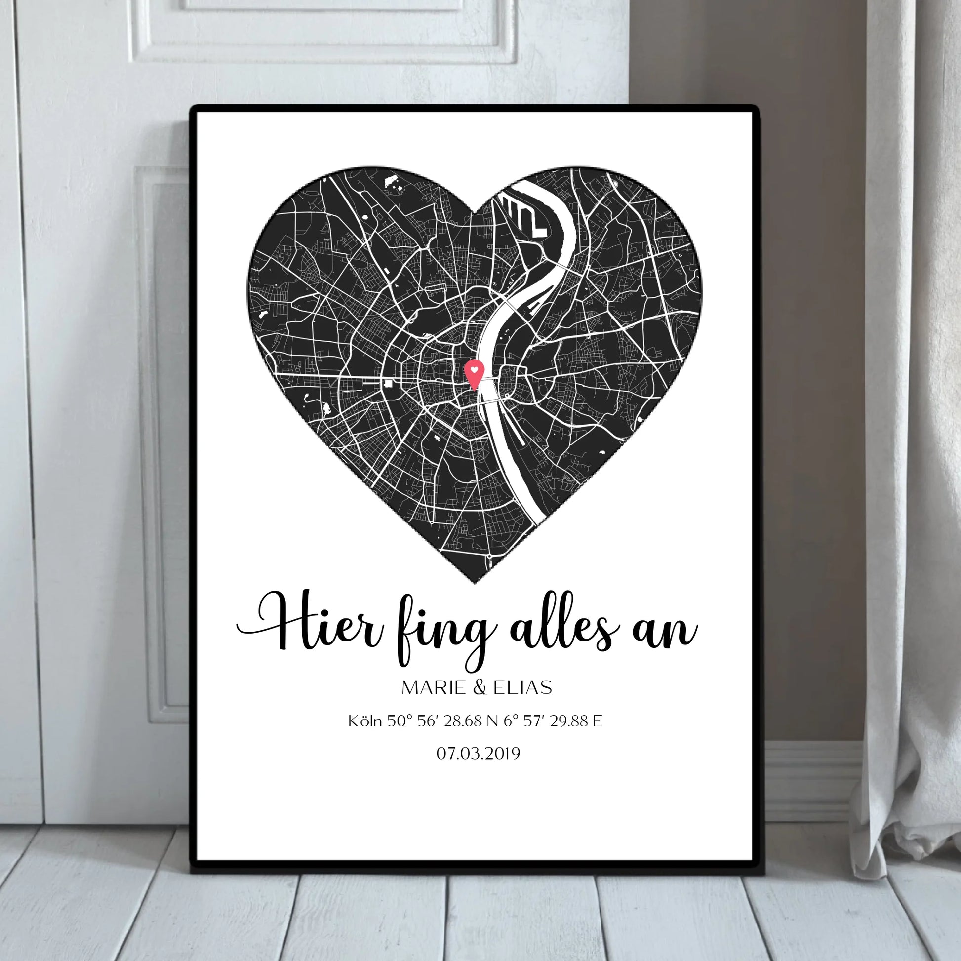Personalisierte gerahmte Stadtkarte mit Hier fing alles an Bild Motiv. Perfekt als Hochzeitsgeschenk